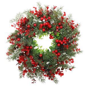 8919 1pc Pine Needle and Red Fruit Wreath Garland Berry Wreath Adorn